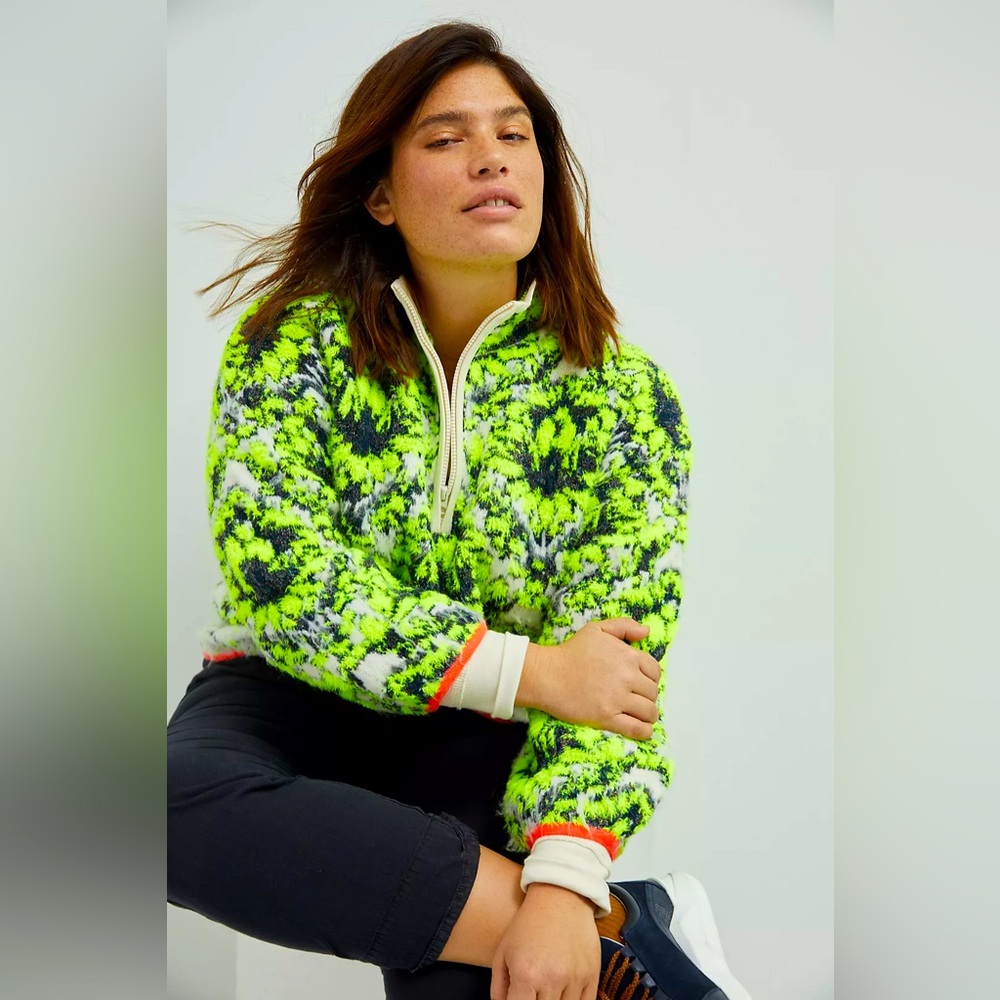 ANTHROPOLOGIE Cristina Fuzzy Neon Fleece Half Zip Pullover Sweater Sweatshirt - Picture 9 of 16